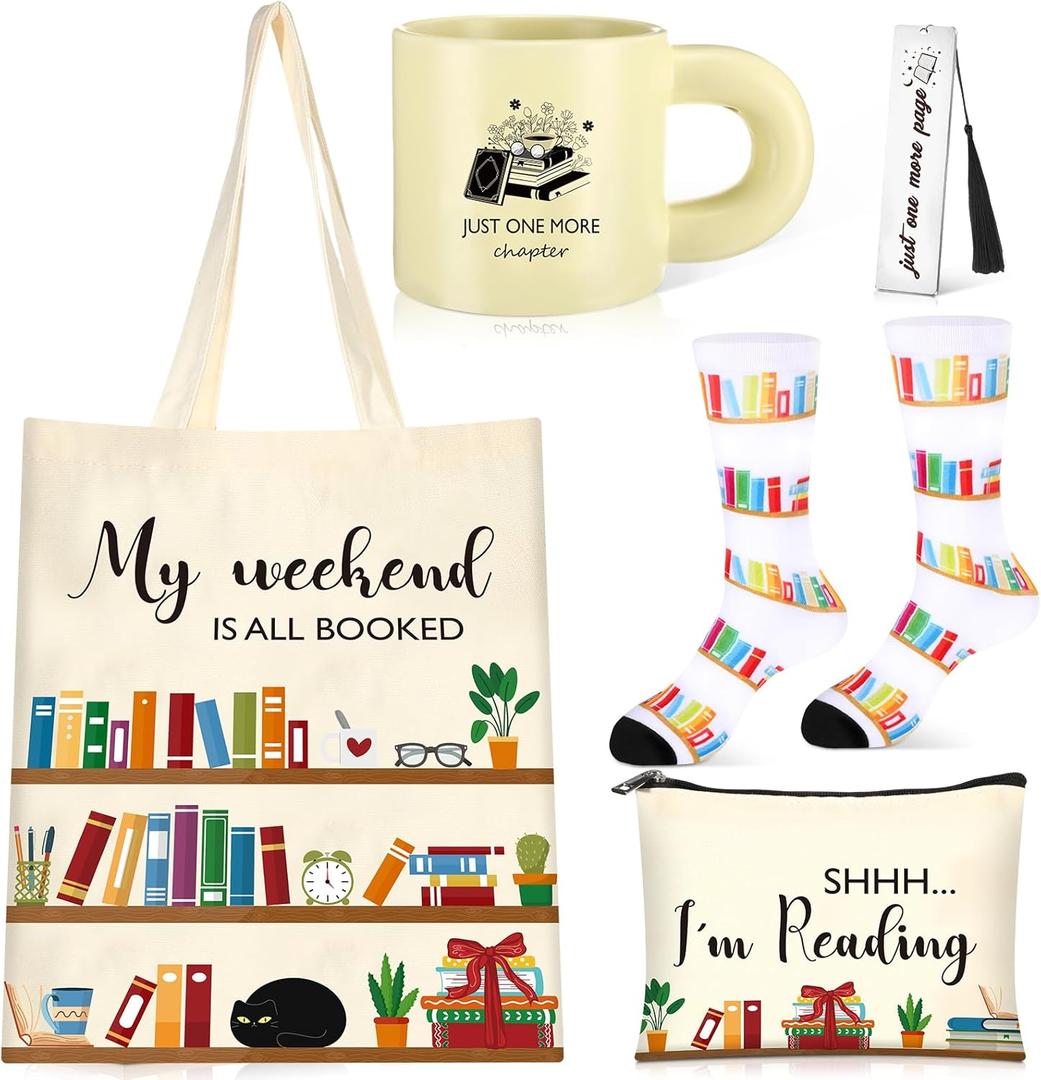 Book Lovers Gifts for Women 5PCS Coffee Mug Socks Reader Canvas Tote Cosmetic Bag Bookmark Tassel Booklovers Gift Set for Christmas Girls Staff Teacher Librarian Club Birthday Appreciation Accessories