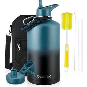 128 oz Insulated Water Bottle, Triple Wall Stainless Steel Flask, Keeps Drinks Cold for 48 Hrs Leak-Proof & BPA-Free Half Gallon Jug with Paracord Handle, Straw & Spout Lids(Indigo Black)