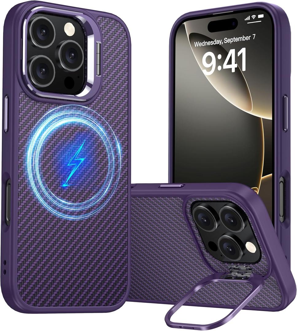 Magnetic for iPhone 16 Pro Case Carbon Fiber Skin SensationCompatible With magsafeMetal Lens KickstandDropproof Sturdy Carbon Fiber PatternWireless Charging Case for iPhone 16 Pro (Purple)