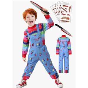 【5 Sizes for 3-11Y】 Halloween Chucky Costume for Kids Jumpsuit Long Sleeve Rainbow Shirt Scar Tattoos Prop Knife