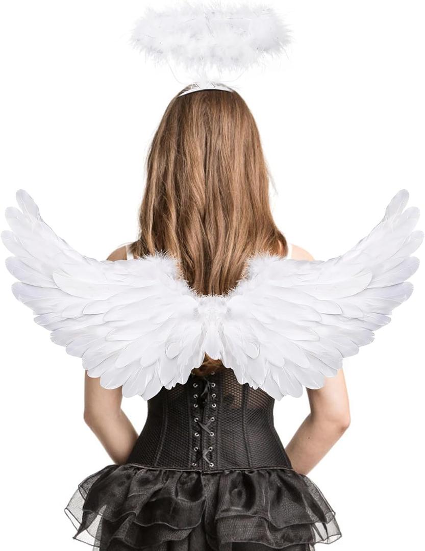 Angel Wings, Feather Angel Wings and Halo, Angel Wings Costume for Adult Kids Women Girls Halloween (White)