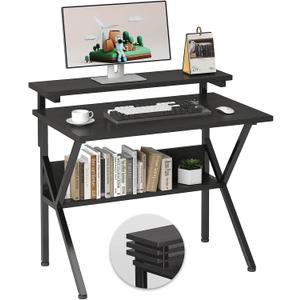 COTUBLR Small Desk, 27.5 Inch Small Computer Desk for Small Spaces, Computer Desk with Adjustable Monitor Stand, Compact Desk with Storage, Tiny Desk Study Desk for Bedroom Home Office, Black