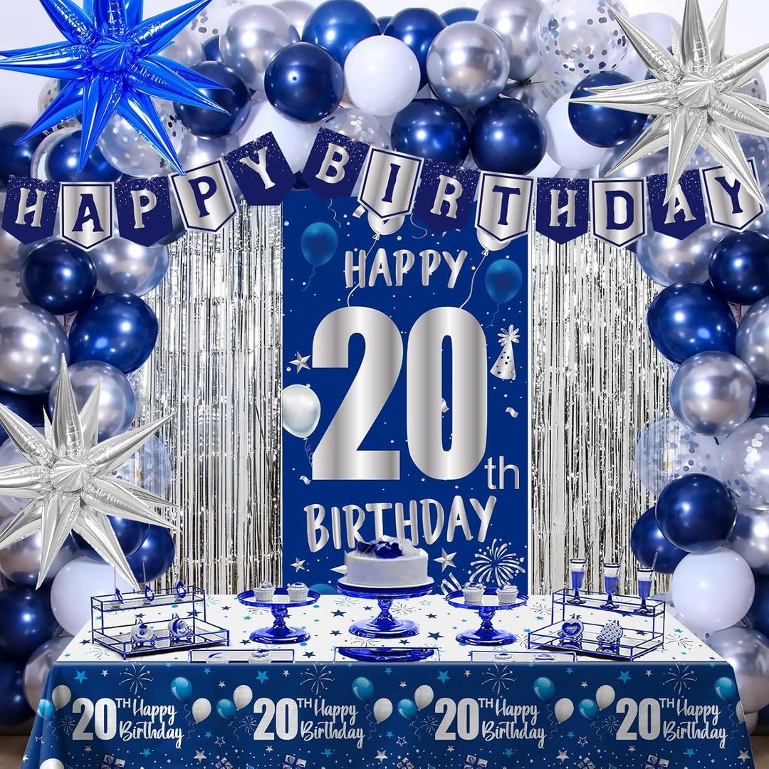 20th Birthday Decorations for Boys Girls Men, Blue Happy 20 Birthday Decorations for Him Her, Boy 20th Birthday Door Banner, Balloons Tablecloth Foil Backdrop Star Balloons for 20 Year Old Party Decor