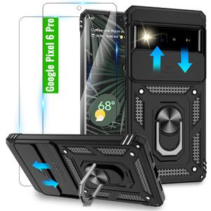 for Google Pixel 6 Pro Case with 2 Pcs HD Screen Protector and Slide Camera Cover, Military-Grade with Magnetic Ring Holder Case for Google Pixel 6 Pro, Black