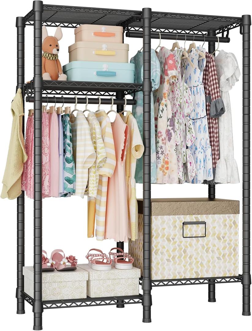 Ulif F1 Garment Rack for Kids, Baby, Students, and Children's Room, 4 Tiers Freestanding and Portable Heavy Duty Closets, Small Metal Clothes Rack with 2 Hanging Rod, 31.2" W x 11.8" D x 48" H, Black