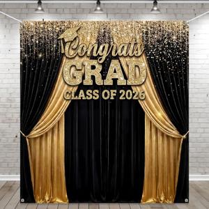 Frienda Large Class of 2026 Graduation Backdrop 5.9 x 6.6 ft Black Gold Congrats Grad Graduation Party Decoration Photo Props Prom Booth Banner Photography Background for College Party Decor Supplies