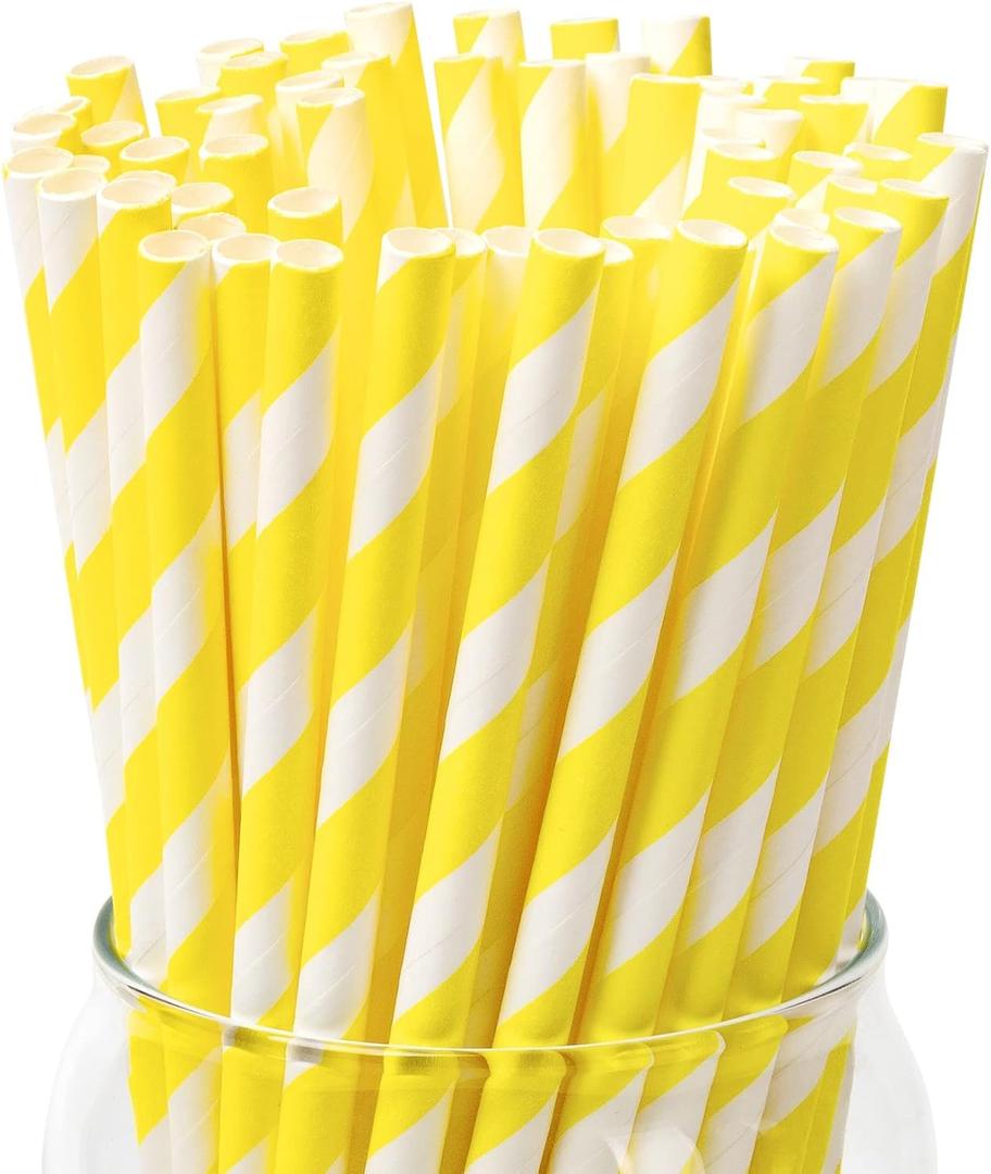 100 Pack Disposable Paper Straws - Biodegradable Yellow Drinking Straws for Cocktails, Lemonade, Daily Use and Holiday Party (0.24" x 7.75")