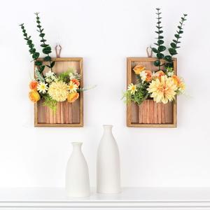 2 Pcs Artificial Flowers Wall Hanging Decor Australian Wintersweet 3D Decorative Painting Retro Vintage Wooden Frame Size: 9" x 6" (Yellow Rose)