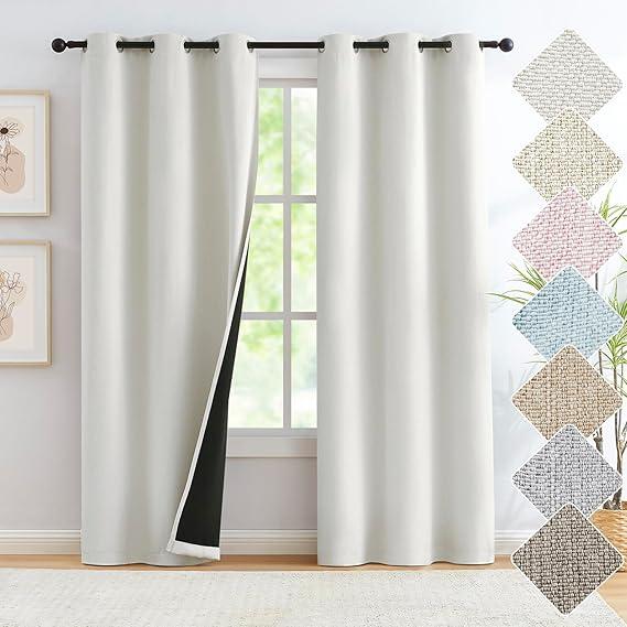 White Linen Blackout Curtains for Bedroom Short Thermal Insulated Energy Saving Window Panels Farmhouse Burlap Texture Drapes for Living Room 2 Panels Set Grommet Top 40"x 45"x2