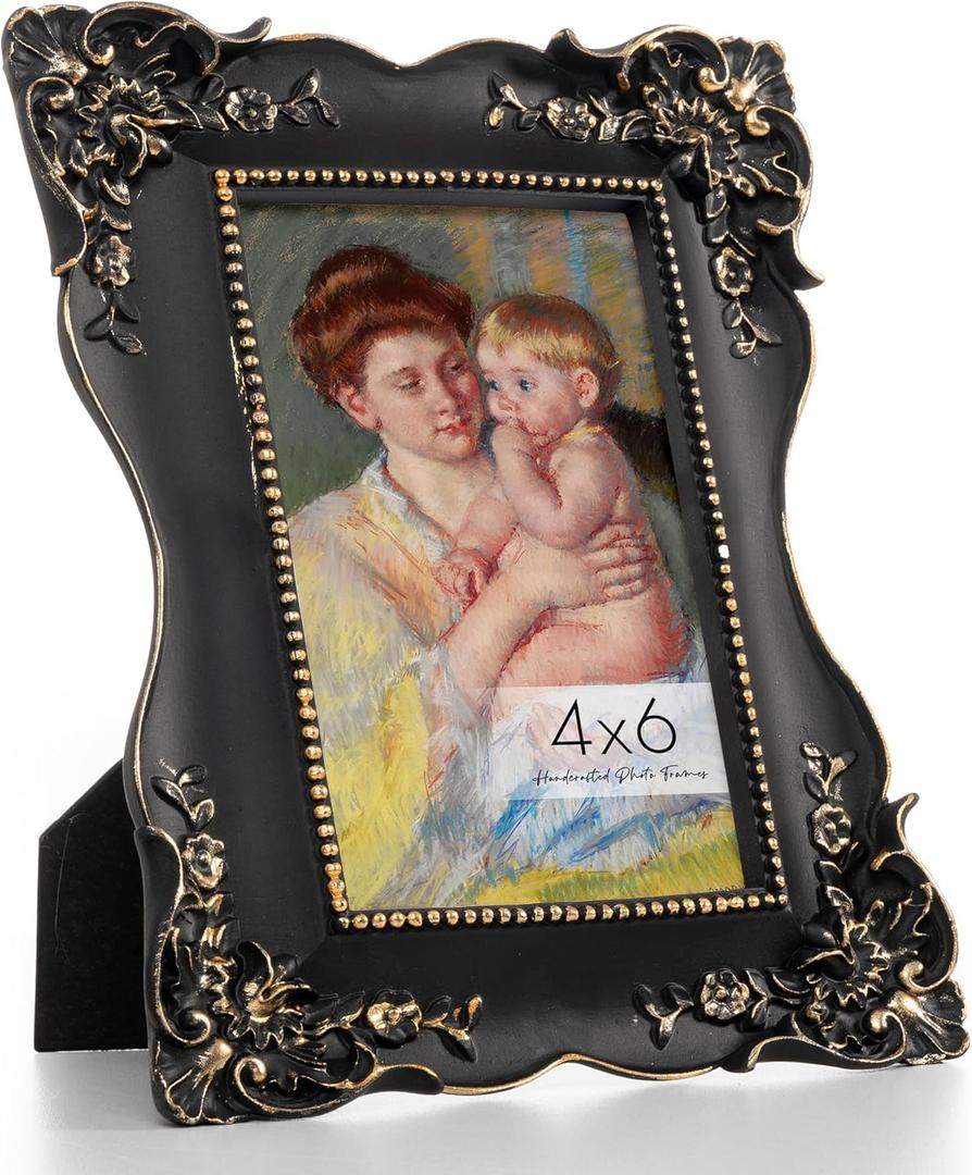 Axeman Antique Picture Frames 4x6 | Orante 4x6 Picture Frame with Real Glass | Vintage Picture Frames 4 x 6 for Wall & Tabletop Display | Retro 4 x 6 Photo Frame Black Gold - Black