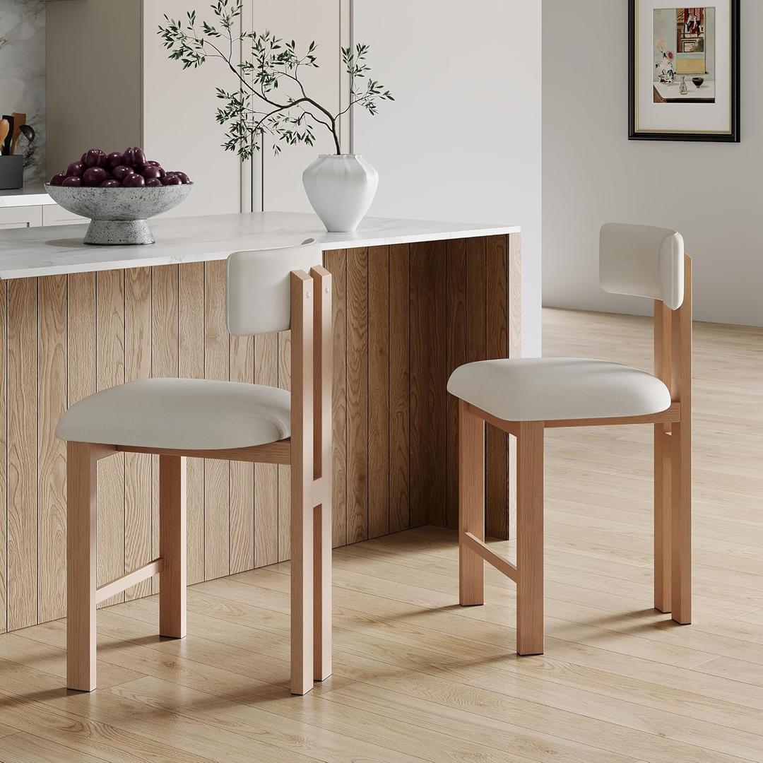 Christopher Knight Home Marin Modern Upholstered Counter Stool Set of 2, Armless Counter Height Bar Stool Set of 2 with Metal Frame, Fabric Bar Stool with Footrest for Kitchen Island, Natural+White