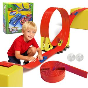 20ft Build Anywhere Portable Race Track with Suction Cups - Flexible Roll-Up Design Fits 1/64 Scale Cars, Portable Toy Gift for Kids 4+ Year Old, 2 Tracks/Red