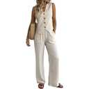 heipeiwa Women's Cotton Linen Vest Button Down Sleeveless V Neck Tank Tops Waistcoat Jacket With Linen Pants, Size: Medium