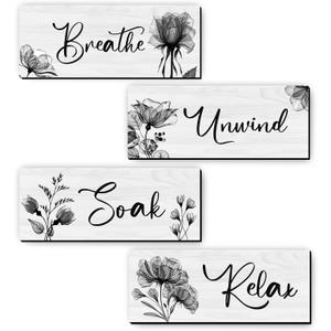 4 Wooden Wall Art Plaques - Large Bathroom Decor for Home Spa & Laundry (black)