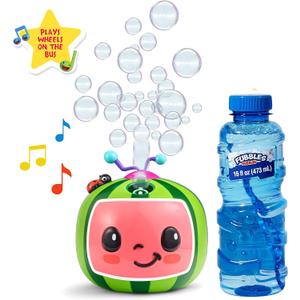 CoComelon NO Spill Musical Bubble Machine | Bubble Toy for Baby, Toddlers and Kids | Amazon Toys Exclusive with 16 oz of Extra Bubble Solution (Bubble Solution Bottle Colors Will Vary)