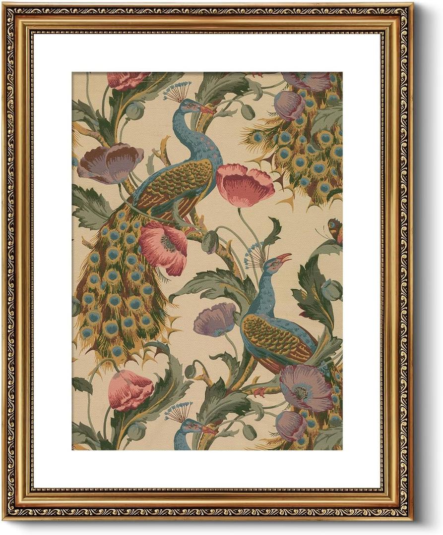 Golden Framed Canvas Wall Art Vintage Peacock, Classic Vine With Poppies Floral Canvas Print Wall Decor, Bird Art Print Wall Hanging 16x20 inch, for Bedroom Bathroom Living Room Decor
