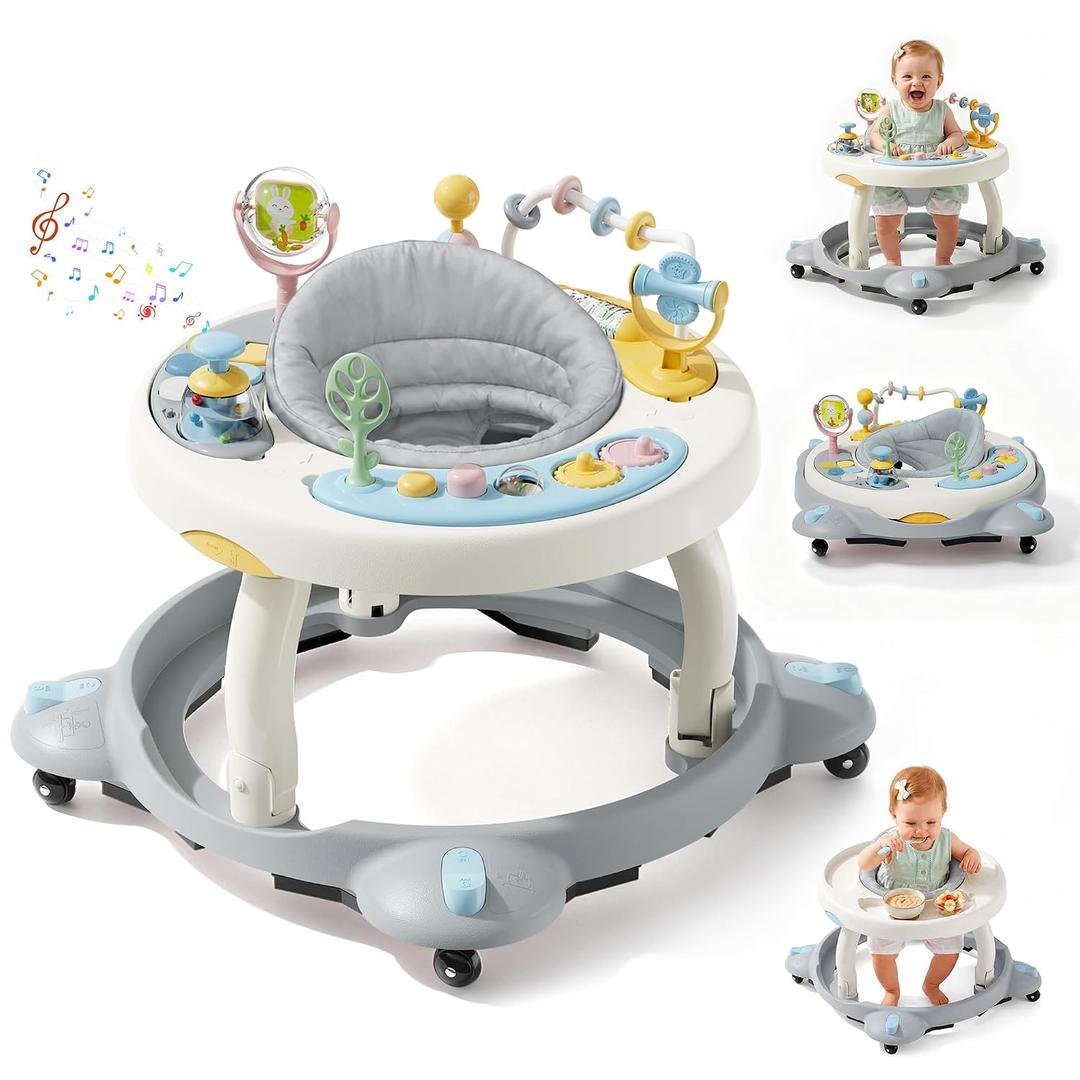 Baby Walker with Wheels,3-in-1 Foldable Infant Walker for Baby 6-12 Months,360° Rotating Seat with Activity Center,Baby Walker for Boys Girls with Musical Toys(Grey)