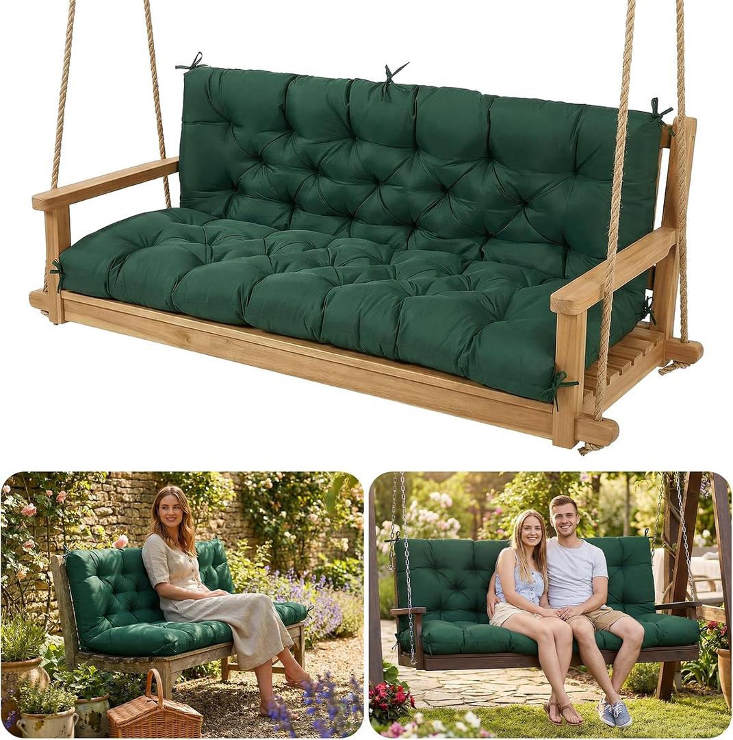 Porch Swing Cushions - Waterproof Swing Cushion for Outdoor Furniture: Patio Outdoor Swing Cushions 2-3 Seater Replacement with Backrest (Dark Green, 60 x 40 x 4.7 Inches), 39 inches x 59 inches
