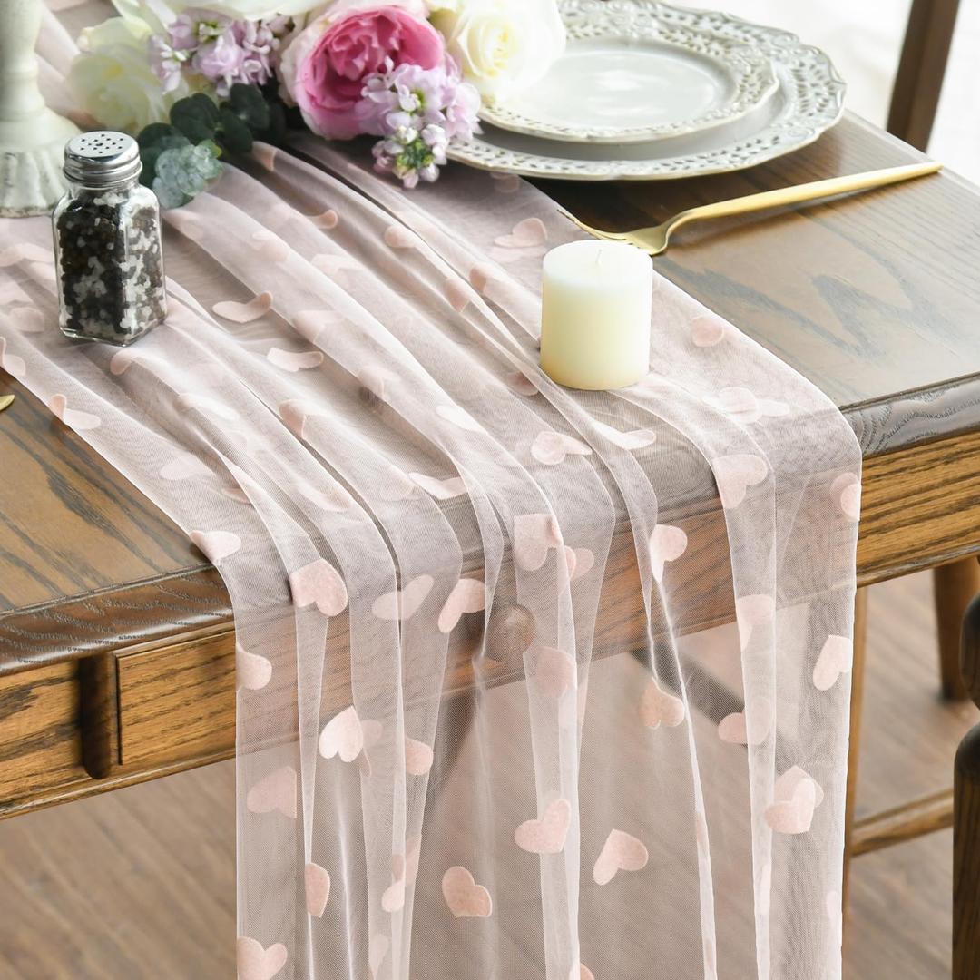 Artoid Mode Pink Heart Gauze Table Runner 120 Inch 10FT, Mother's Day Sheer Dining Anniversary Wedding Table Decor for Home Party (28" x 120")