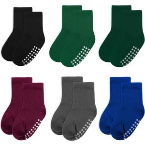 2 x 6 pack baby socks, cotton crew children's socks, non-slip grip socks, unisex, for toddlers, boys, girls, 4-7 Years (6 Pairs-black/Green/Darkgreen/Redbrown/Darkgray/Sapphireblue)