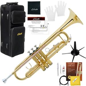 Libretto Gold Lacquer Bb Trumpet Set, Rose Brass Leadpipe, Standard for Beginner & Intermediate Students, Stainless Valve, 7C Mouthpiece, Durable Case, Portable Stand & Maintenance Kit w/Instructions