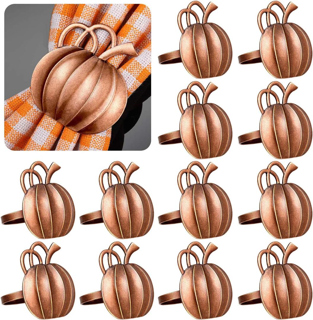 Patelai 12 Pieces Thanksgiving Pumpkin Napkin Rings Fall Napkin Holders Thanksgiving Dinner Tables Rings for Halloween Weddings Dinner Party Family Gatherings (Bronze)