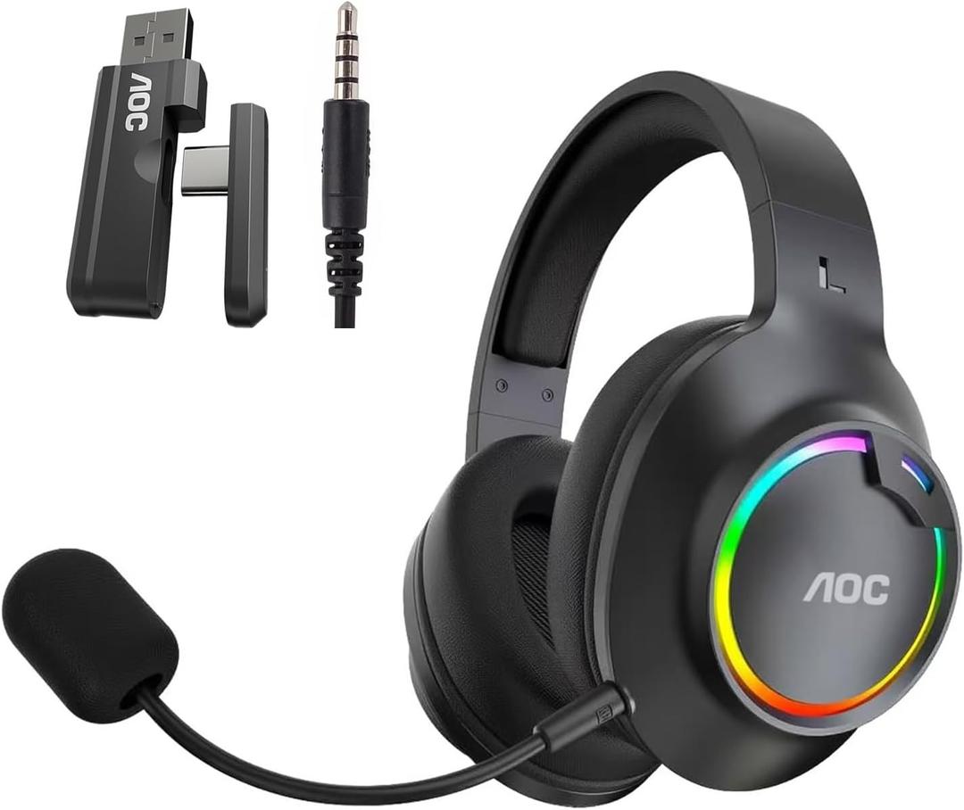 AOC Wireless Gaming Headset for PS5, PS4, PC - Bluetooth 6.0, 2.4GHz, Detachable Noise Cancelling Mic, Over-Ear RGB Lighting Gaming Headphone for Xbox, Switch, Black ACG2532