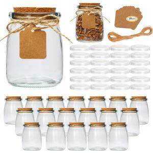 Brajttt Mini Yogurt Jars 20 Pack, 7 oz Glass Favor Jars with Cork Lids, Pudding Containers with Lids, Mason Jar Wedding Favors Honey Pot with Label Tags and String