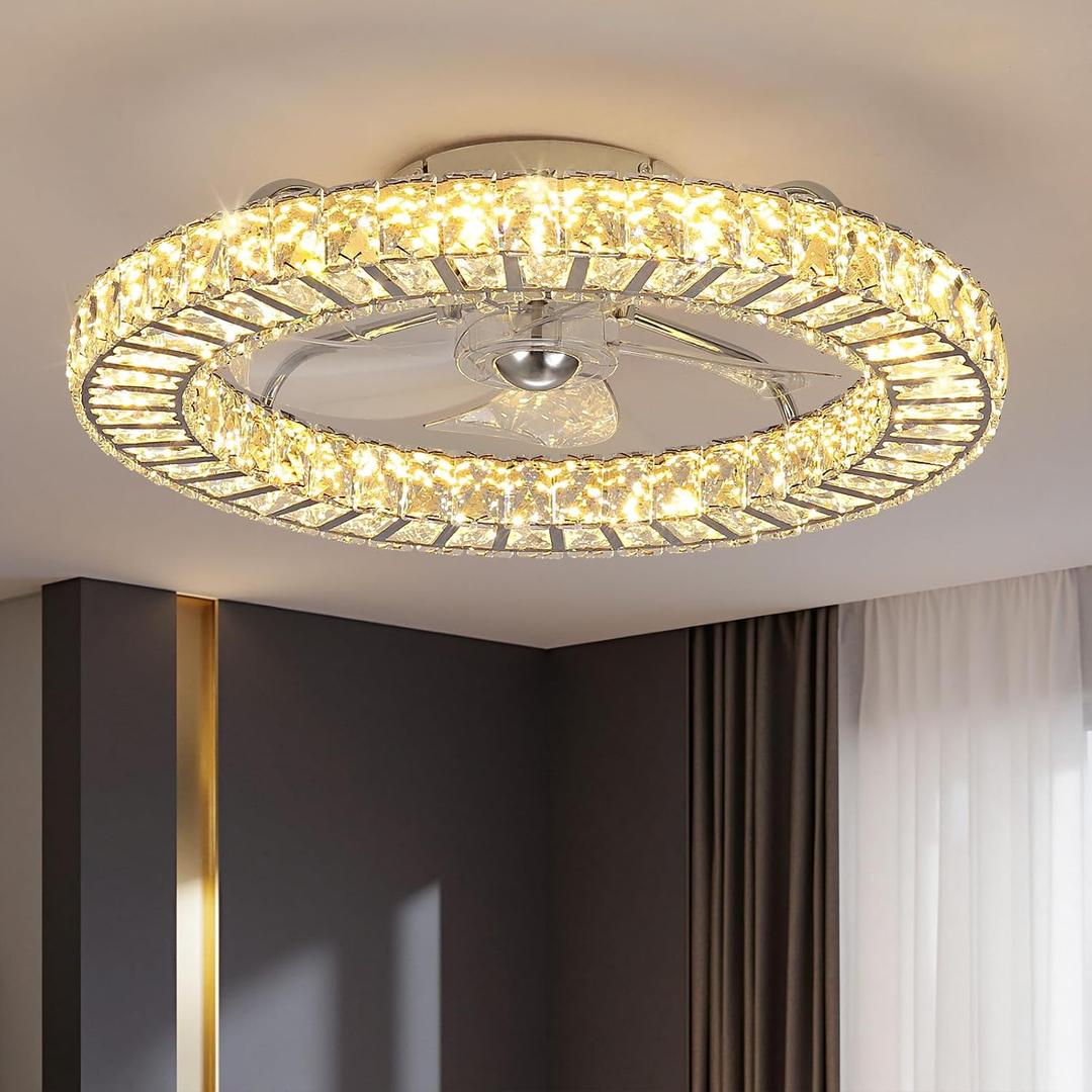 LUDOMIDE 22" Modern Crystal Chandelier Ceiling Fan With Light, Smart 4-Light Color Change, LED Fandelier, Low Profile for Bedroom (Silver)