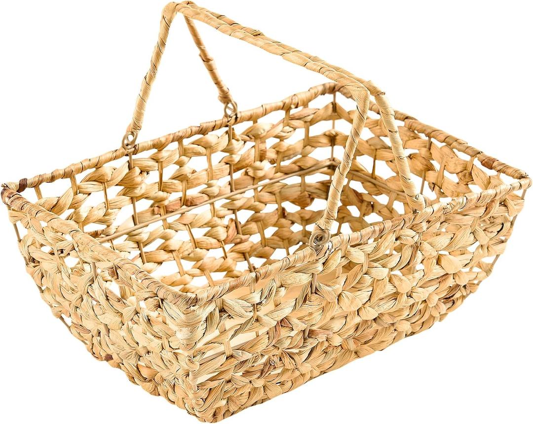 Wicker Picnic Basket with Handles, Wicker Baskets with Wooden Base for Picnic, Camping & Storage Basket (Large, Natural)