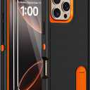 for iPhone 16 Pro Case with Screen Protector,Built-in Invisible Kickstand,Heavy Duty Shockproof Drop Protection Military Grade Tri-Layer Rugged Durable Cell Phone Cover for Apple 16 Pro Black Orange