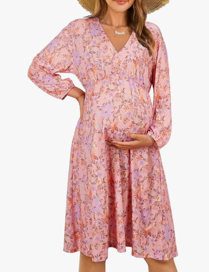 OUGES Womens 2023 Fall Long Sleeve Maternity Dress for Baby Shower Photoshoot V Neck High Waist Midi Dress with Pockets XXL