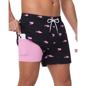 Sixfish Mens Swim Trunks with 4 Inch Compression Liner 2 in 1 Quick Dry Board Shorts with Zipper Pockets Comfort for Beach (Black, XL)