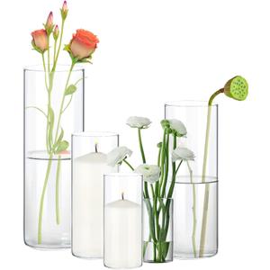 5 Pack Cylinder Vases Set, Clear Glass Vases for Centerpieces, 4,6,8,10,12 Inch Tall Flower Vase for Home Decor, Flower Vase for Table Decorative & Hurricane Floating Candle Holders (5Pack)