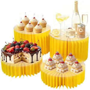 4Pcs Buffet Risers, Foldable Food Risers for Buffet Table, Acrylic Risers Display Stands, Dessert Table Display Set Cake Stands Tall Cylinder Stands for Party Wedding (Yellow)