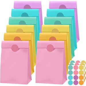 Nezyo 30 Pcs Pastel Paper Gift Bags with Stickers 5.1 x 3.1 x 9.4 Inches Colorful Rainbow Paper Candy Bags for Party Favor Wedding Birthday Candy Snack DIY Goodie Treat (Macaron Color)