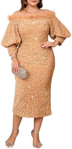 dasmzper Women Sexy Sequin Off The Shoulder Puff 3/4 Sleeve Bodycon Dress Formal Party Cocktail Evening Midi Dress XL