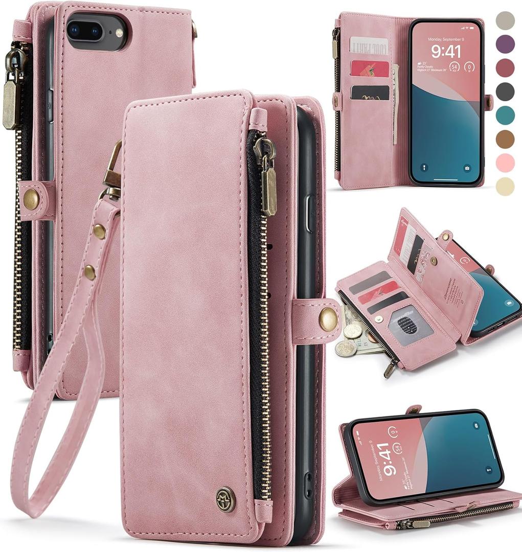Defencase Compatible with iPhone 8 Plus/ 7 Plus Case Wallet with Card Holder for Women Men, PU Leather Magnetic Snap Flip Zipper Strap Phone Cover, Rose Pink