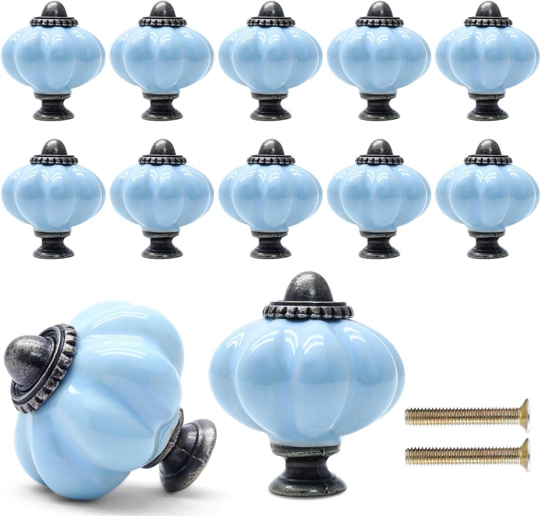 12 Pack Light Blue Pumpkin Knobs Ceramic Cabinet Knobs Retro Dresser Knobs Vintage Drawer Knobs Pulls for Vanity, Closet