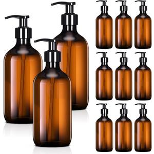 Tessco for you 12 Pack Amber Soap Dispenser Empty Plastic Pump Bottles Dispenser Refillable Shampoo Container for Hand Sanitizer Soap Lotion Body Wash Conditioner Bathroom Kitchen Travel(8.5 oz)