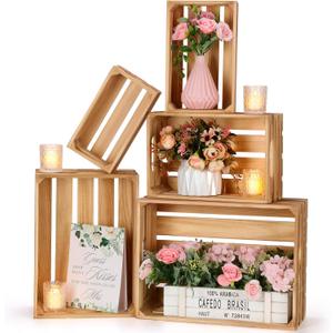 Soaoo 5 Pcs Decorative Nesting Wooden Crates for Storage Display 5 Size Large Small Rustic Wood Decorative Storage Crates with Handle Farmhouse Crate Box Container Made from Pine(Classic Color)