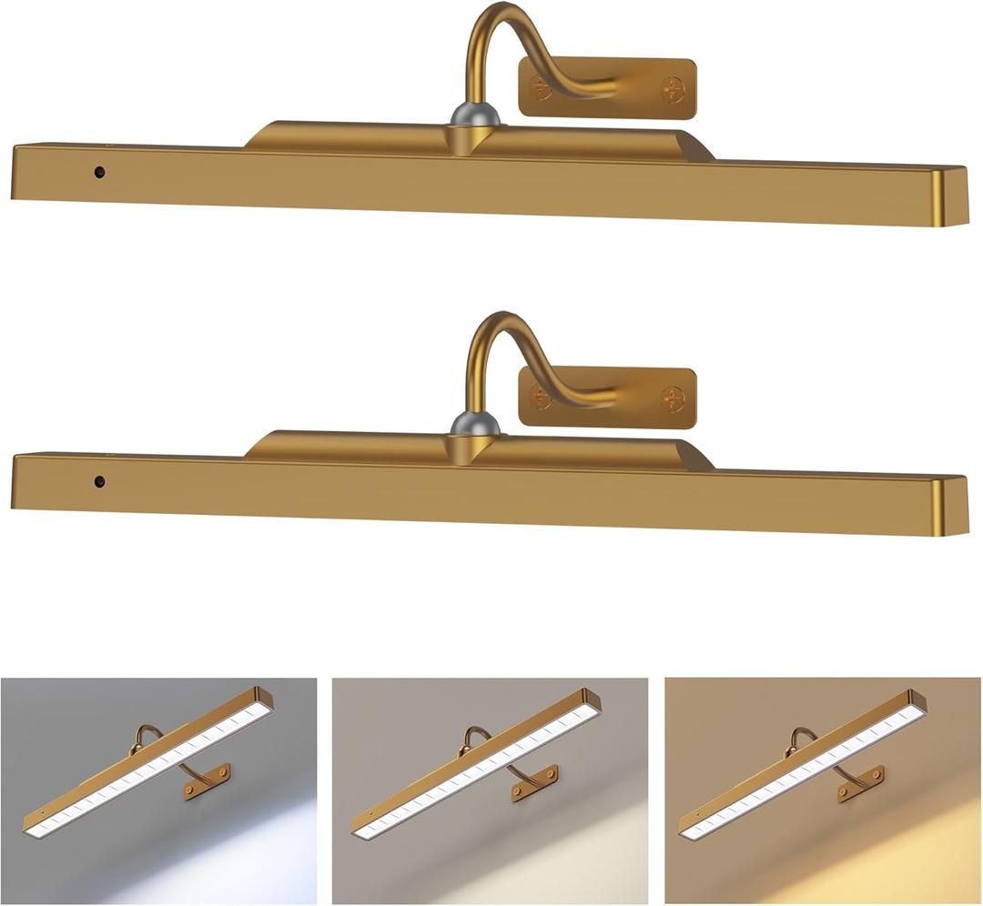 Wireless Picture Light Battery Operated, 16in Picture Light for Wal, 2Pack Rechargeable 5000mAh Battery Wall Sconce for Wall Pictures, Gallery Artwork, Paintings, Portraits, Dartboards- Brass