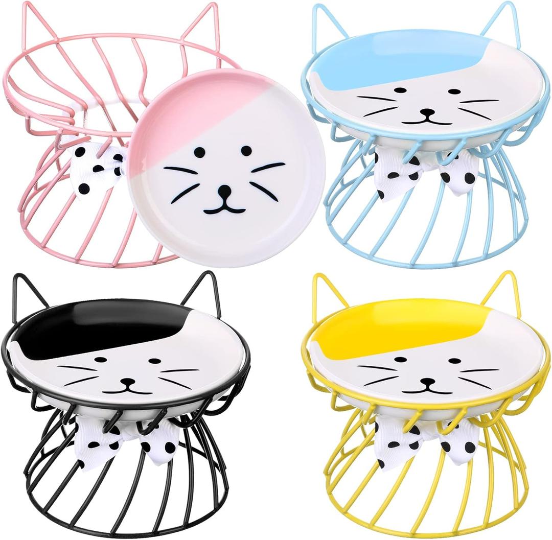 Sunnyray Cat Feeder, 4 Pcs Elevated Ceramic Cat Bowls with Metal Stand, Whisker Friendly, Anti Vomit, Dishwasher Safe, for Dog Pet (Multicolor)