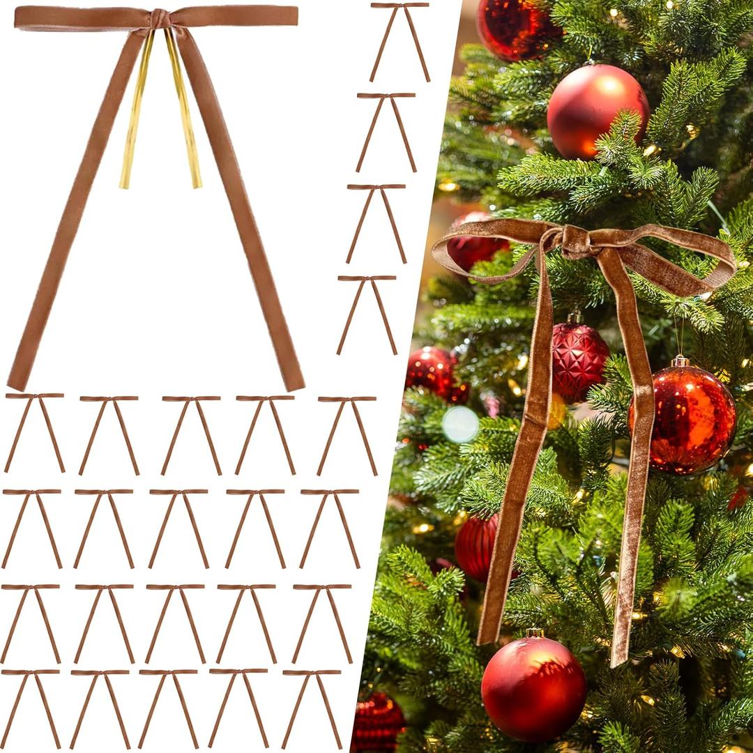 24Pcs Camel Velvet Christmas Tree Bows Ornaments Vintage Velvet Ribbon Bows for Tree Garland Wreath Indoor Outdoor Christmas Decor Xmas Decorations 3/8" Wide, 5 * 7 inch
