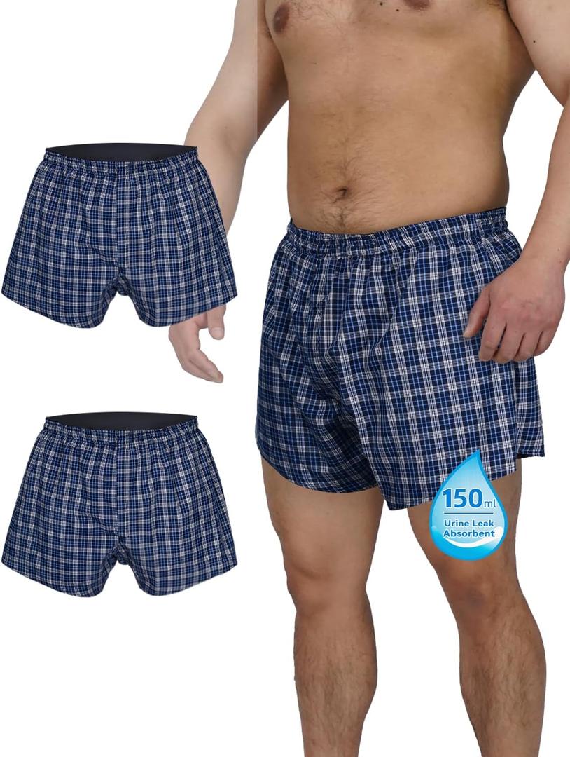 Incontinence Underwear for Men Washable Urinary Leak Proof Boxers with Front Fly Regular Absorbency 2 Pack (4X-Large, Blue Plaid) 