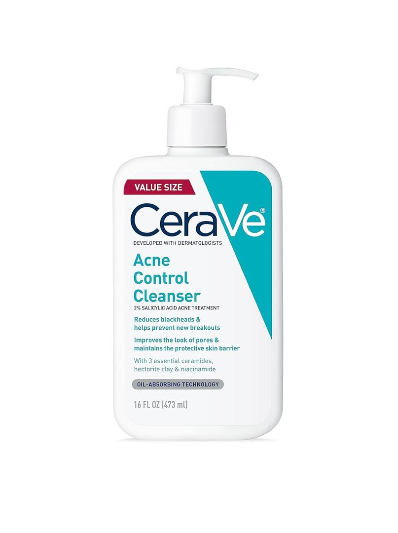 CeraVe Acne Control Cleanser, 2% Salicylic Acid Treatment Formulated With Niacinamide + Ceramides + Oil Absorbing Clay, Gentle Face Wash Helps Clear & Prevent Acne, Fragrance Free, 16 Ounce (16 Fl Oz (Pack of 1))