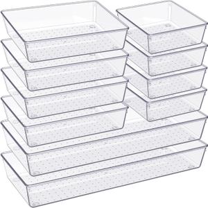 Criusia Drawer Organizer, 10 Pack Large Clear Plastic Set, 3 Size Versatile Bathroom and Vanity Organizer Trays, Storage Bins for Makeup, Bedroom, Kitchen Utensils