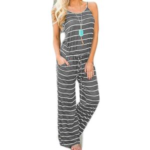 Artfish Women Casual Sleeveless Spaghetti Strap Striped Lounge Pajama Jumpsuit, L