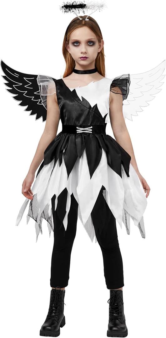 Spooktacular Creations Child Twisted Angel Costume, Girls Half Angel Half Devil Dress, Kids Outfit Set for Halloween Party (Large(10-12 yrs))