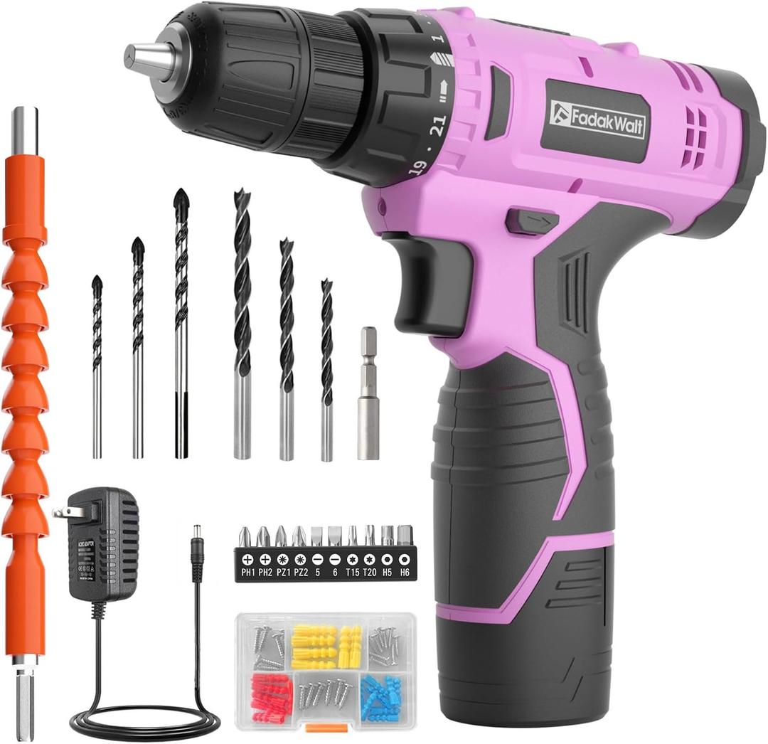 FADAKWALT Cordless Drill Set, 12V Power Drill Set with Battery and Charger, 3/8'' Keyless Chuck, 21+1 Torque Setting, 180 inch-lbs, Pink Electric Drill for Women's Garden DIY ProjectsPink)
